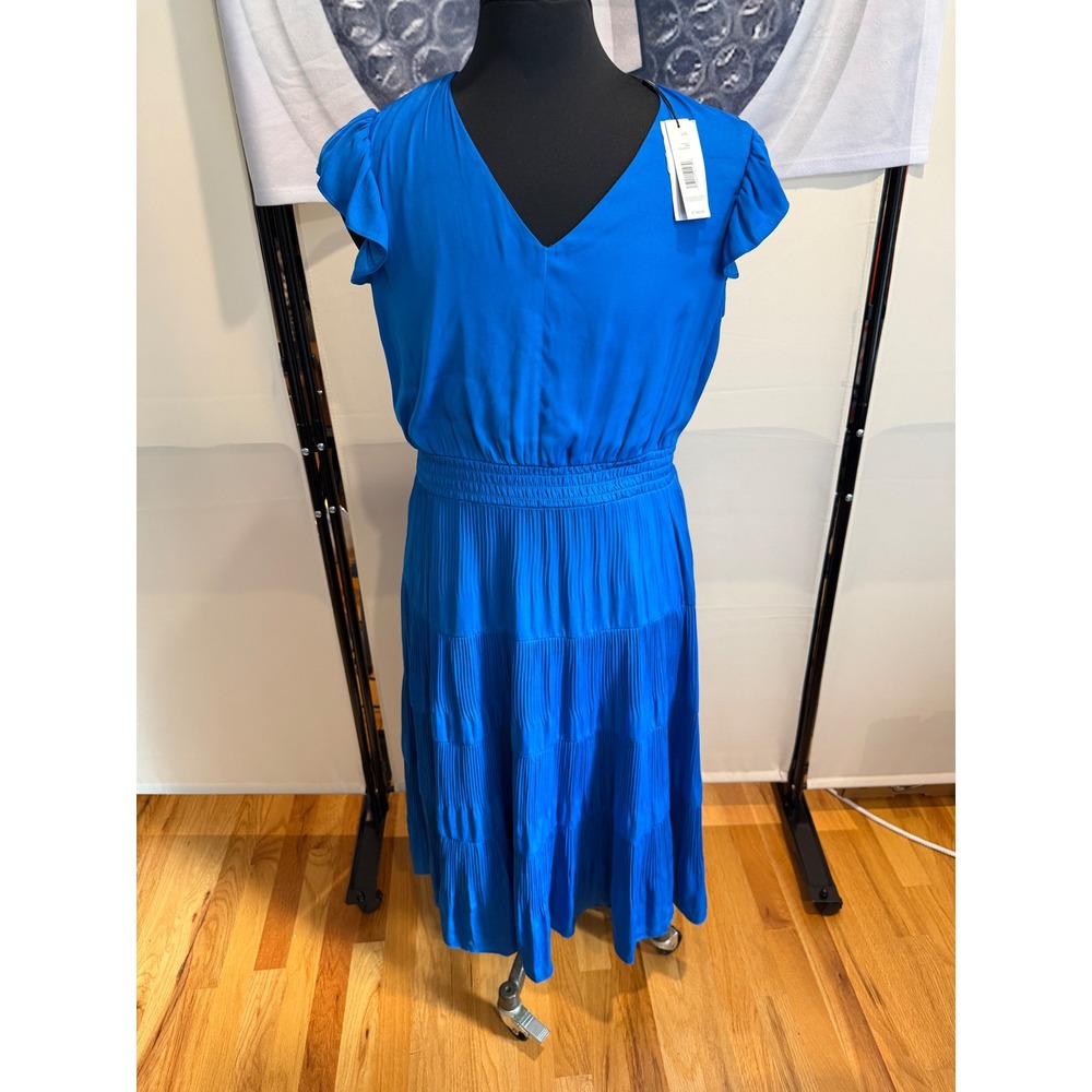 Tahari Polaris Blue Pleated Tiered Midi Dress V Neck Smocked Waist NWT Size L